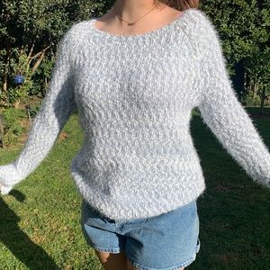 White and blue fuzzy sweater!